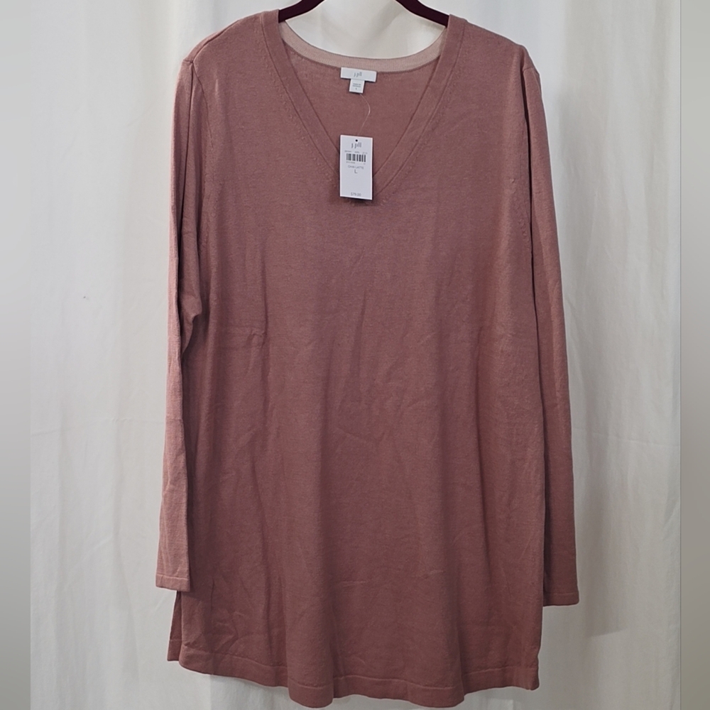 J Jill Large Dusty Rose Mauve Brown V-Neck Long Sleeve Sweater Knit Tunic Top